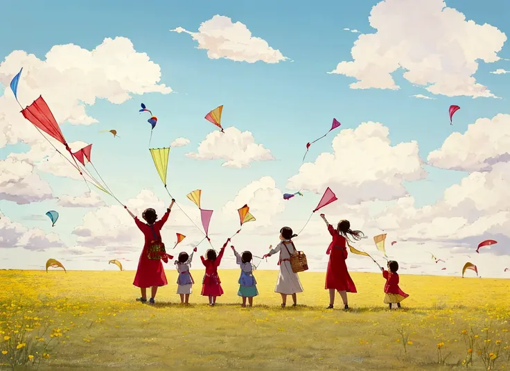 a group of children is flying kites in the field.