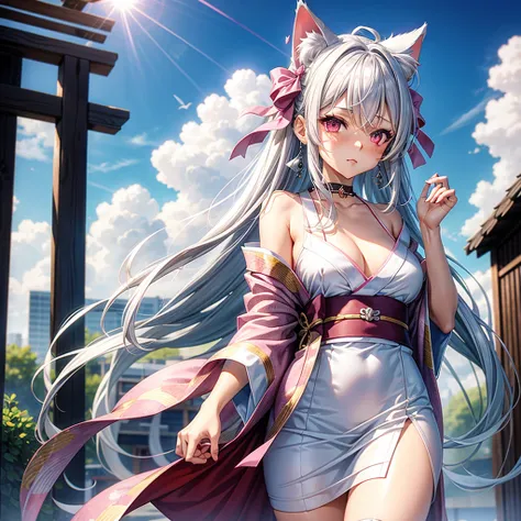 Silver hair, pink eyes, body, cat ears, sexy girl, earrings, cloud and sun background, hair bows, mitsuri, kimono