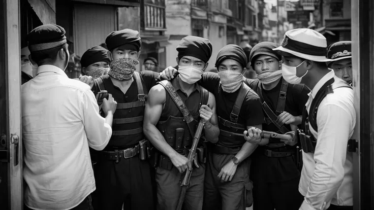 1930s, monochrome photography, A group of terrorists in Southeast Asia, Robbers breaking into a safe, mouth and nose covered with a bandana, 32K, Best quality, Masterpiece, super detail, High Details,