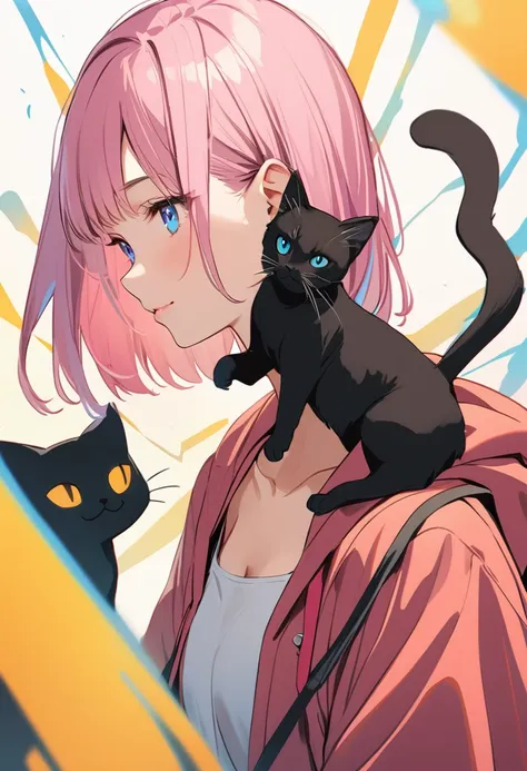 Girl with cat, black cat, pink hair blue eyes, avatar