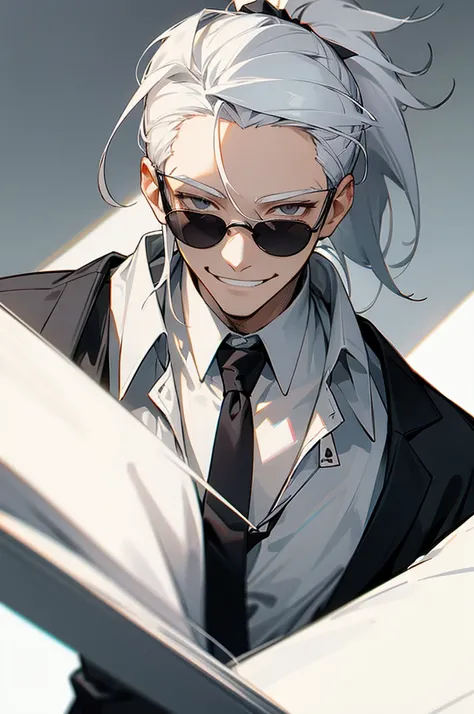 Ponytail tied style, white hair, gray eyes, wearing dark glasses, gray school shirt, wearing a necktie, man, smiling face with a confident look.