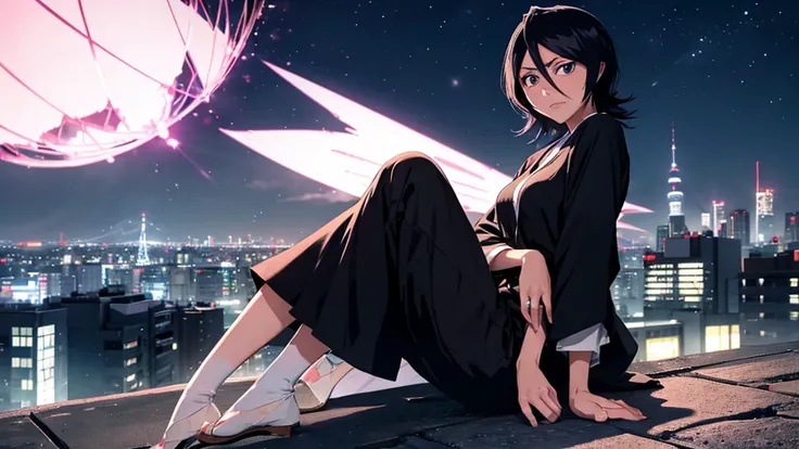 rukia from bleach full body protrat sitting on a hill watching over a tokyo at night turning here face to look at u wile smiling