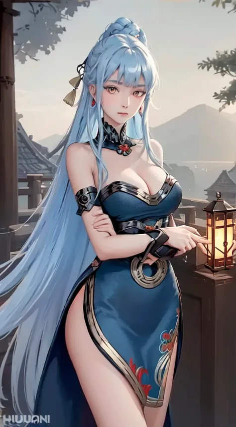 ((big breasts)), 1girl, solo, long hair, looking at viewer, hair ornament, big breasts and exposed breasts, dress, bare shoulders, closed mouth, blue hair, yellow eyes, braid, artist name, a slim navel, blue dress, chinese clothes, china dress, light blue ...