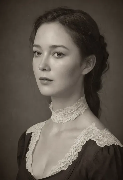 from abobe a victorian-era woman poses for a head and shoulder portrait in a photograph style. sepia tones, 19th-century aesthet...