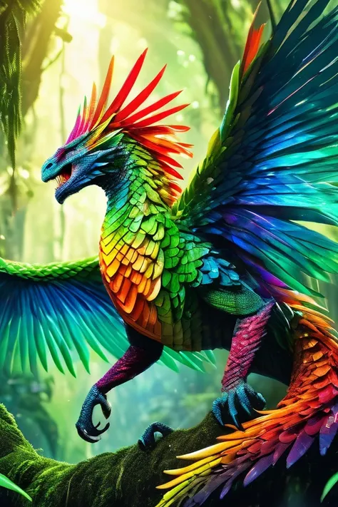 feather winged flying serpent, rainbow scales, sharp fangs, molten green eyes, looming above a rainforrest, highly detailed, cin...