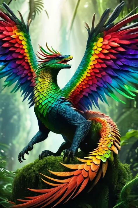 feather winged flying serpent, rainbow scales, sharp fangs, molten green eyes, looming above a rainforrest, highly detailed, cin...