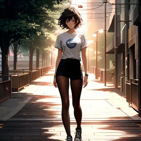 (best quality:1.2, 8k, masterpiece, highly detailed, highest quality), photorealistic, 2D illustration, woman, park, white oversized tee, vintage logo, high-waisted black leggings, nude stockings, sporty texture, sleek white sneakers, pink accents, lush gr...