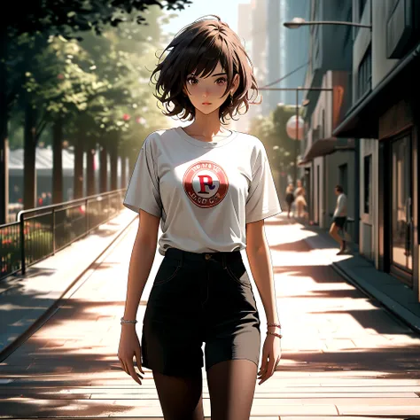 (best quality:1.2, 8k, masterpiece, highly detailed, highest quality), photorealistic, 2D illustration, woman, park, white oversized tee, vintage logo, high-waisted black leggings, nude stockings, sporty texture, sleek white sneakers, pink accents, lush gr...