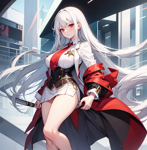 Beautiful girl, white hair,red eyes, smooth skin, , thick thighs, large chest, school blazer,short skirt,high quality 