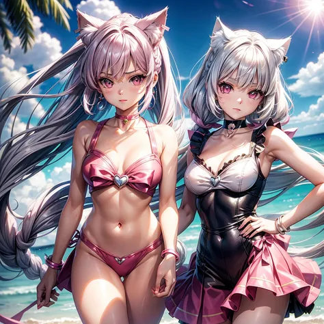 Silver hair, pink eyes, body, cat ears, sexy girl, earrings, cloud and sun background, hair bows, sailor scout, pink red, choker necklace, anime, braids 