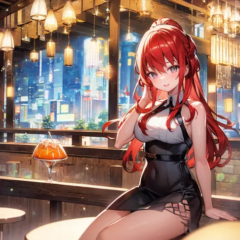 Anime style painting, An illustration, liquor, Woman sitting at a bar drinking a cocktail, 背景の棚には多彩な色のliquor瓶が並んでいる, Quiet bar, Calm expression, Perfect hands, elder, Red Hair, The dignity of a 50-year-old, ほろ酔いのwoman, solo、(Highly detailed background:1.0)...