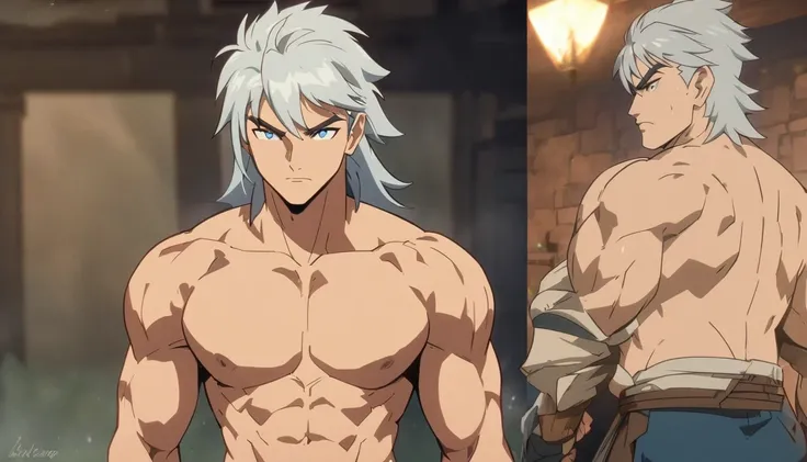 High quality, best quality, high resolution, male, muscular, 2d anime style, topless, like geralt of rivia