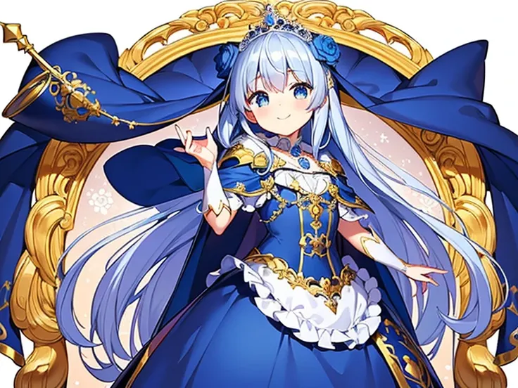 looking at viewer,(kawaii),(best quality),(ultra detailed), upper body,(rococo style),(long train blue cape:1.15), very long cape,(long train white ball gown with flower decorations:1.1), a girl is wearing a cape over her gown, 1 little princess, tiara, sm...