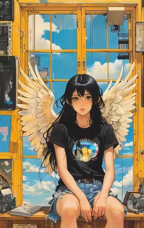 A detailed anime-style illustration of an emo angel girl with long black hair, sitting in a cluttered room. She is wearing a black t-shirt and shorts, with a listless expression. The background features various notes, tools, and a bright yellow wall with a...