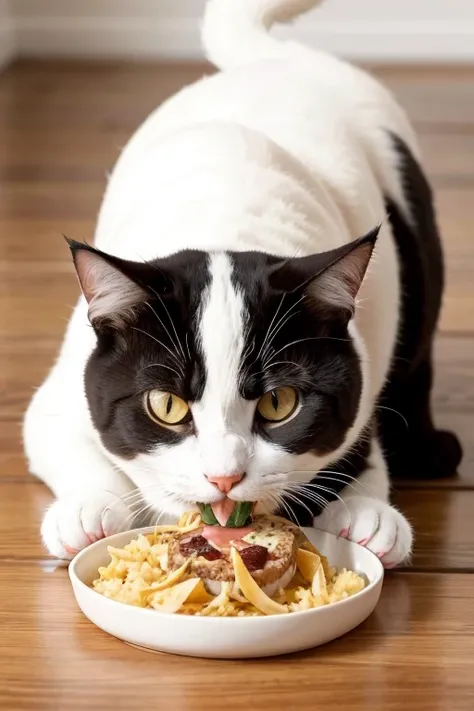 create an image of a cat eating food in better quality 