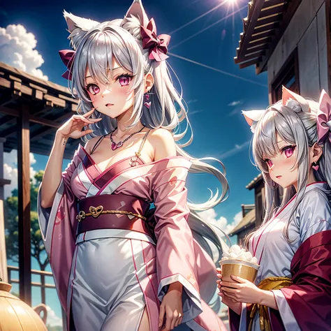 Silver hair, pink eyes, body, cat ears, sexy girl, earrings, cloud and sun background, hair bows, mitsuri, kimono, bells necklace, pink red, hearts