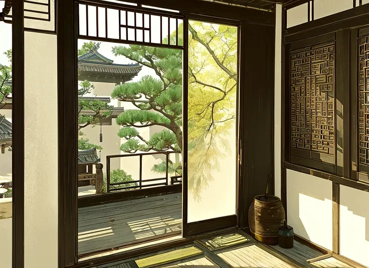 a corner of an ancient chinese house, with two pieces of clothing hanging on a drying rod in front of the door. the nearby fence...