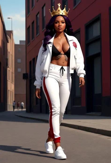 She&#39;s wearing a crown on her head, walking through a city, it&#39;s movement (Black-skinned woman Beautiful brunette with a perfect body, beautiful, big, perfect breasts, wide, thin thighs, perfect, everything perfect,) ((Art Style Full Length View, fu...