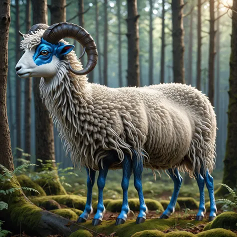 side view，There is a sheep in the forest，There are huge blue eyes on the back of the body，Four ears，Nine long tails，Mysterious Creatures, shrike, (best quality，4K，8K，High level，masterpiece：1.2），Ultra Detailed，（lifelike，Photo real，Photo real：1.37），Highly de...