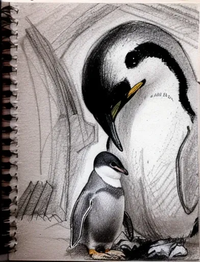 drawing of a penguin and a bird in a black and white photo, abstract charcoal sketch, charcoal sketch, rough charcoal sketch, old sketch, black and white charcoal sketch, a sketch, anthropomorphic penguin, pencil and charcoal, inspired by Alfred Kubin, art...