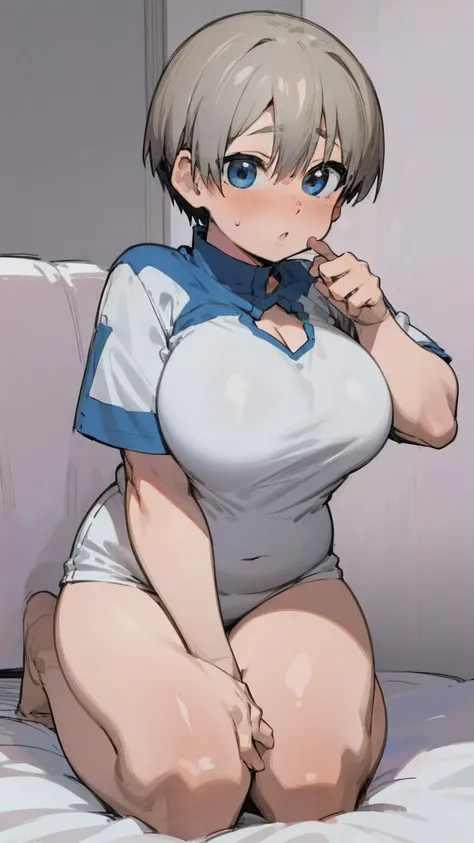 masterpiece, best quality, ultra-detailed, Potrait of beautiful , (chubby) (muscular), (plump), (sexly), (cleavage), ((tomboy)), (アニメ), (Breasts), (Plump), ((very short hair)), ((Uzaki Hana)), (overweight), (Gray Hair) (Wearing white clothes), ((Saggy brea...