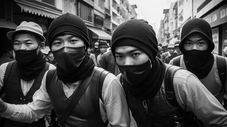 1930s, monochrome photography, A group of thief gang in Southeast Asia, bank robbery, mouth and nose covered with a black bandana, 32K, Best quality, Masterpiece, super detail, High Details,