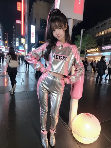 Mecha Girl, pink, Silver, pink, metallic, Robot parts, Detailed face, Highest quality, Small face, whole body, Are standing, Black Hair, Half Twin, thin, looking at the camera, Mecha Exposure, Idol, Live Action,, 7 heads, gravure, Photo session, akihabara,...