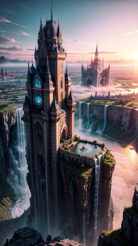 Huge castles and skyscrapers floating in the air Cyberpunk fantasy world Top quality ultra high definition utopia 8K Giant waterfalls nature，future，Sunset