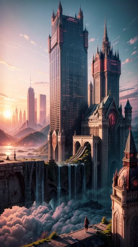 Huge castles and skyscrapers floating in the air Cyberpunk fantasy world Top quality ultra high definition utopia 8K Giant waterfalls nature，future，Sunset