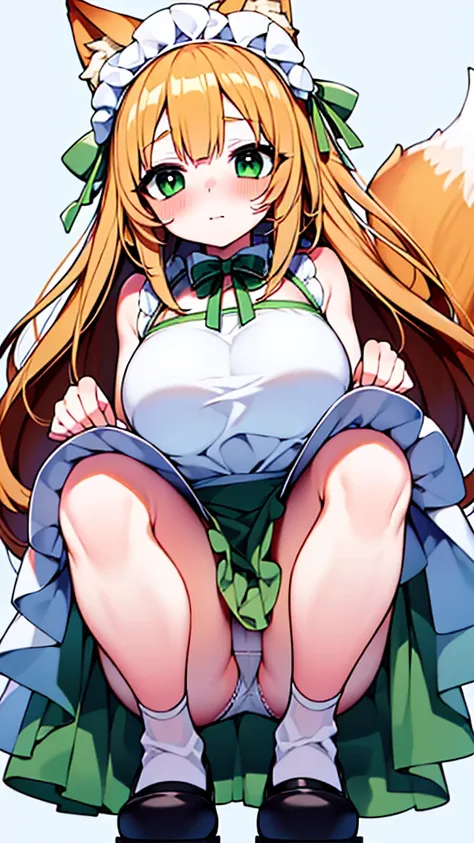 1girl, full body shot, from below, ((Chiffon from maimai, cosplay)), sleeveless, blonde, Cat ears, green eyes, fox tale, blush, nose blush, squatting, white panties, (Green maid outfit, Cream white apron),  (best quality, masterpiece,)