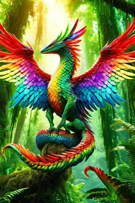 feather winged flying serpent, rainbow scales, sharp fangs, molten green eyes, looming above a rainforrest, highly detailed, cin...