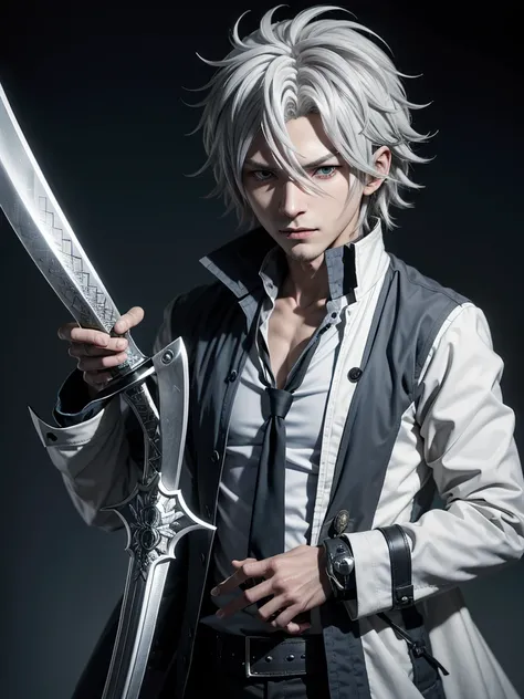 Close-up of a white-haired person and a sword., Nagito Komaeda, Inspired by Okumura Tokyu, He has dark gray hair., Silver haired maniac, Tall anime guy with blue eyes., Inspired by Okumura Masanobu, anime boy, male anime characters, Nagito Komaeda from dan...