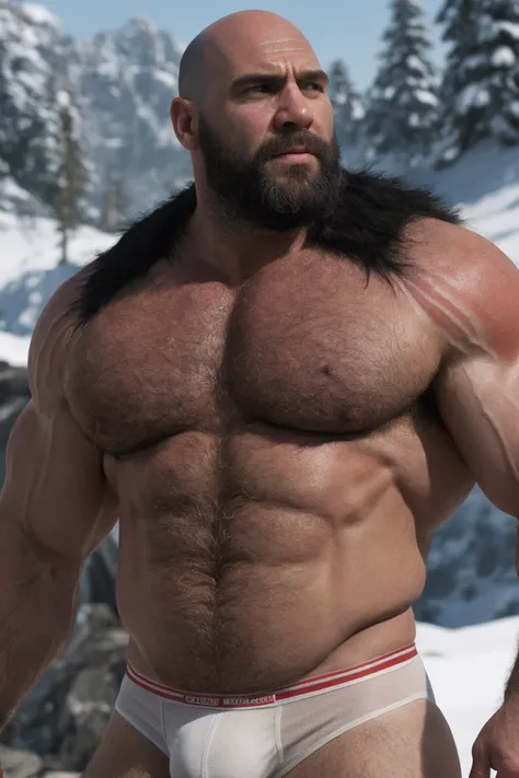 Hyperrealistic Very Realistic 8K Resolution Very Realistic Best Ultra High Definition resolution Very Realistic Photorealistic picture of a realistic bearded hairy Bald Kratos man in the snow, handsome stocky black, man with on, God of War Ragnarok Kratos,...