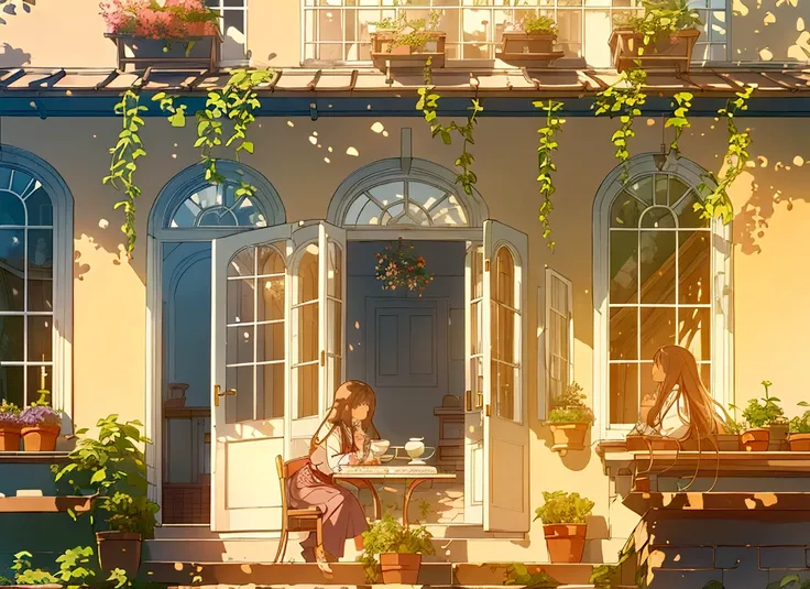 A girl leaned on the windowsill, gazing into the sunlit courtyard. The courtyard featured a grapevine trellis and a small table with a teapot and teacups. The scene was tranquil and serene, with the sunlight casting a warm glow over everything.