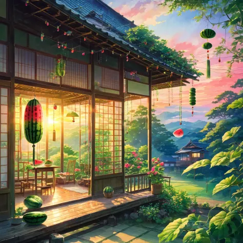 Japanese countryside, Old House, Veranda, watermelon, wind chimes, Summer vacation, At dusk, sunset, The Cicada&#39;s Cry, tatami, Shoji screen, Verandaの木目, watermelonの切り口, Summer Traditions, Nostalgic, Nostalgic scenery, Digital interface, Futuristic Tech...