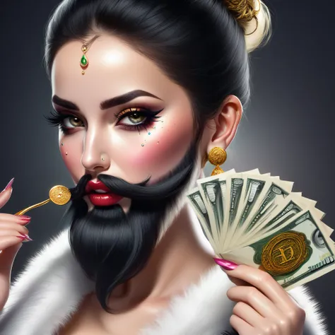 white woman bearded to the cheeks and hairy neck, big nose, makeup, black hair tied back, wears a huge shaggy beard, thick and well-groomed, black eyes, seductive and proud look, large golden earrings, holds banknotes of dollars