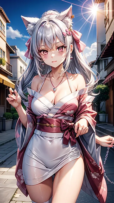 Silver hair, pink eyes, body, cat ears, sexy girl, earrings, cloud and sun background, hair bows, mitsuri, red pink kimono, bells necklace, pet cats