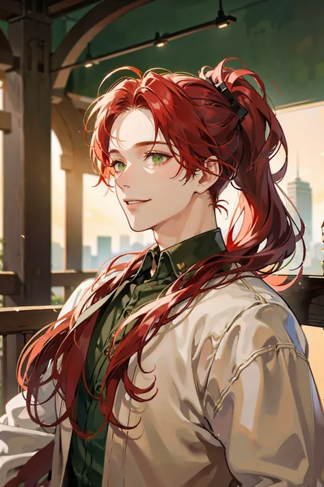 Red hair man, olive green eyes, putting hair up, smiling, very handsome, cinematic lighting, 