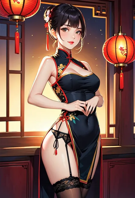 high resolution, adult  woman , good lighting, despicable, , (no nudity), (((chinese dress))), (()), ((())), (garter belt), just abdomen, (),  ,  cute face, yo&#39;I&#39;m embarrassed and blushed, humiliating, ((Turn around and look back)), ((transparentes...