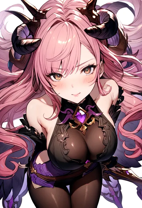 masterpiece,the best,quality,Vivid,face,gem,pupil，Refined face，CG feel，Variety of colors，Clear details，Hair is fine，，Black Pantyhose，Sling，Pink Hair，Narumei，White background，Purple butterfly，There are horns on the head，Gorgeous sword，Granblue Fantasy，高qual...