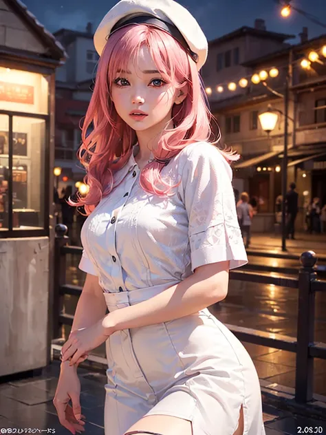 (mizunashi akari) , (pink hair) , ((aria company uniform):1.1), beret , white dress , (whole body:1.3) ,(alone), focus on women,...