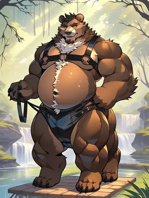 brown bear, furry, fur taur, beartaur, middle-age, detailed face, bear ears, bear eyes(brown), bear nose(black), garibaldi beard(white), mature hair(white), detailed arms, strongest, hands(bear fur),  detailed body belly, muscle belly(white), chest harness...