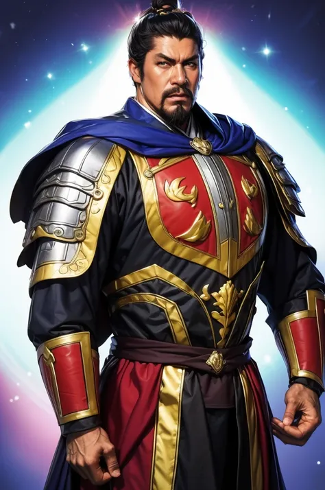 8K,middle aged man,oriental armor(The elaborately crafted coat of arms of a nobleman),ultra high resolution,surreal,realistic skin,Black hair short hair,big black eyes,clear eye description, muscular body,waist armor,delicate hands, Perfect hand shape, cha...