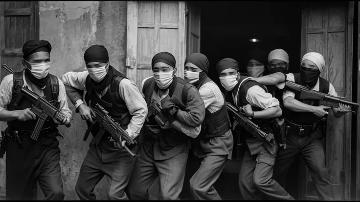 1930s, monochrome photography, A group of terrorists in Southeast Asia, Robbers breaking into a safe, mouth and nose covered with a black bandana, 32K, Best quality, Masterpiece, super detail, High Details,