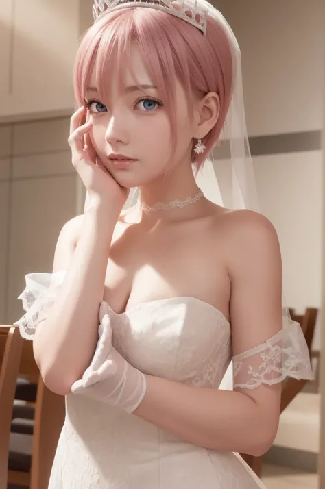 ichikanakano, ichika nakano, short hair, bangs, blue eyes, hair between eyes, pink hair, earrings,
BREAK gloves, dress, cleavage, bare shoulders, collarbone, elbow gloves, white gloves, white dress, strapless, tiara, veil, strapless dress, wedding dress, b...