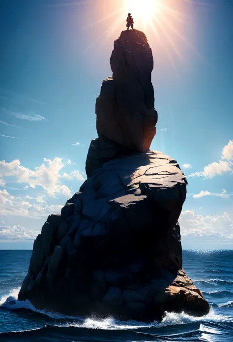 Photorealism, photorealistic. Hinata Hyuga from the anime "NARUTO". standing upright on a large rock. Very detailed and very realistic. Calm sea waves background