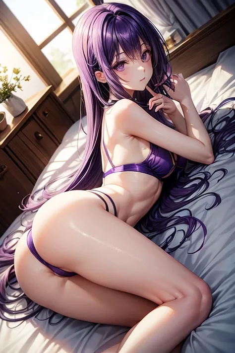 Draw Misha Fox, a unique female character.  Lung-length purple hair in a mess.  thin purple eyebrows, purple eyes.  sleepy facial expression.  Small, firm and perky breasts, thin waist, big ass, athletic body.  lying in her bed at dawn, wearing only very s...