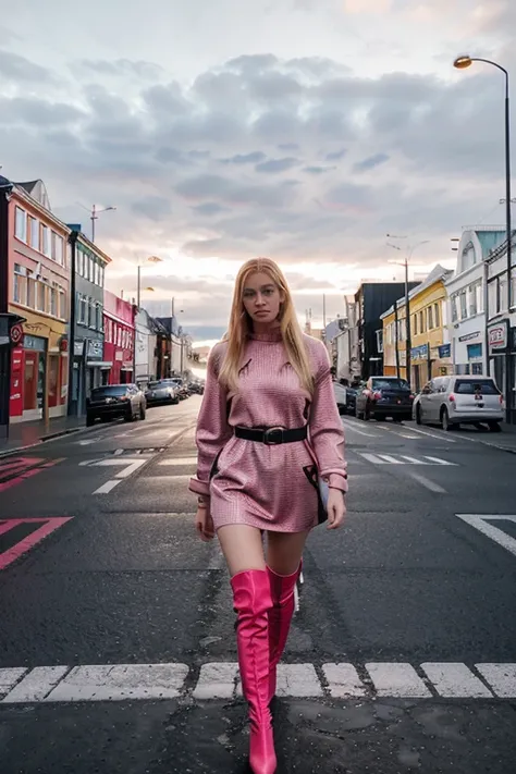 photo_of_a_blonde_high_fashion_Icelandic_woman,wearing_pink_haute_couture,very_tall_red_high_boots,Reykjavík_streets,crosswalks_stripes, traffic_lights, cloudy day
