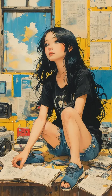 A detailed anime-style illustration of an emo angel girl with long black hair, sitting in a cluttered room. She is wearing a black t-shirt and shorts, with a listless expression. The background features various notes, tools, and a bright yellow wall with a...