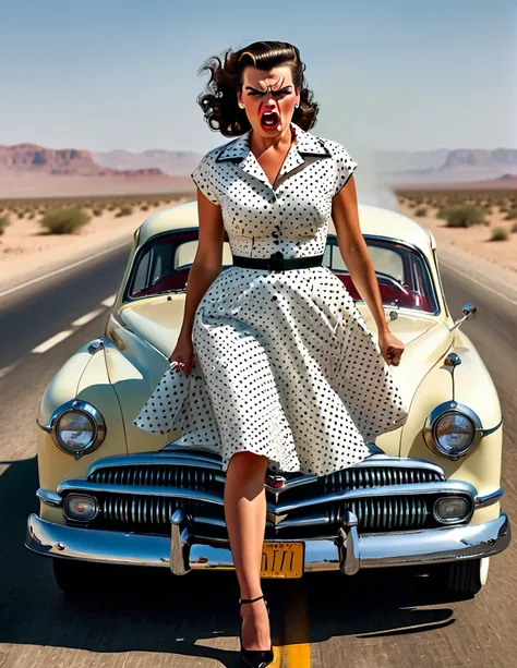 1950s style, angry woman in a polka dot dress, leaving her broke down and steam comes out of her hudson hornet classic car, walk...